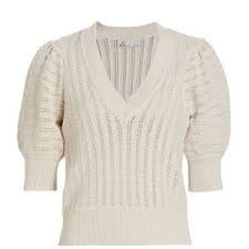 Design History Willow Cotton Puff Sleeve V-Neck Knit Pullover Sweater Cream S