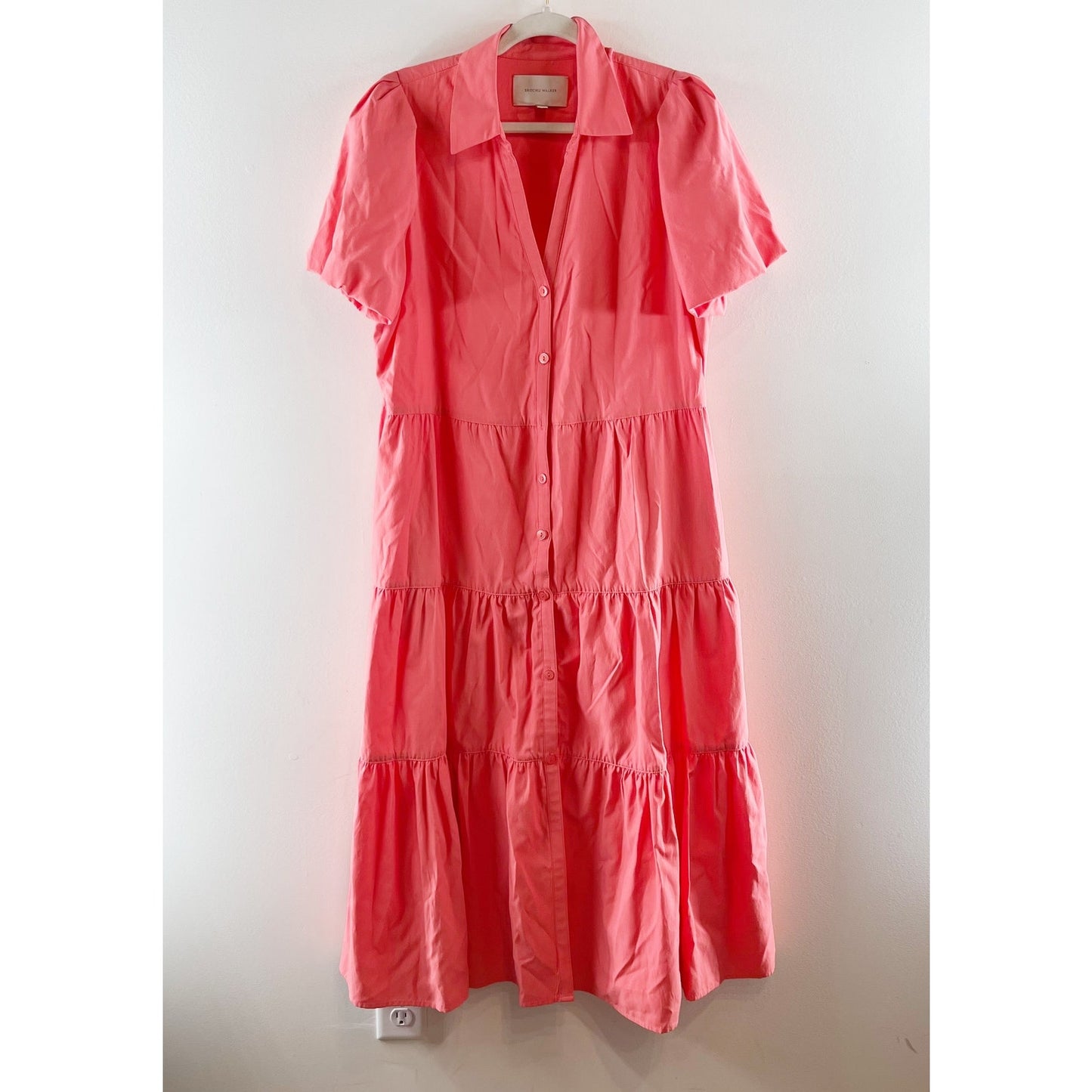 Brochu Walker Havana Tiered Short Sleeve Midi Shirt Dress Coral Pink Large