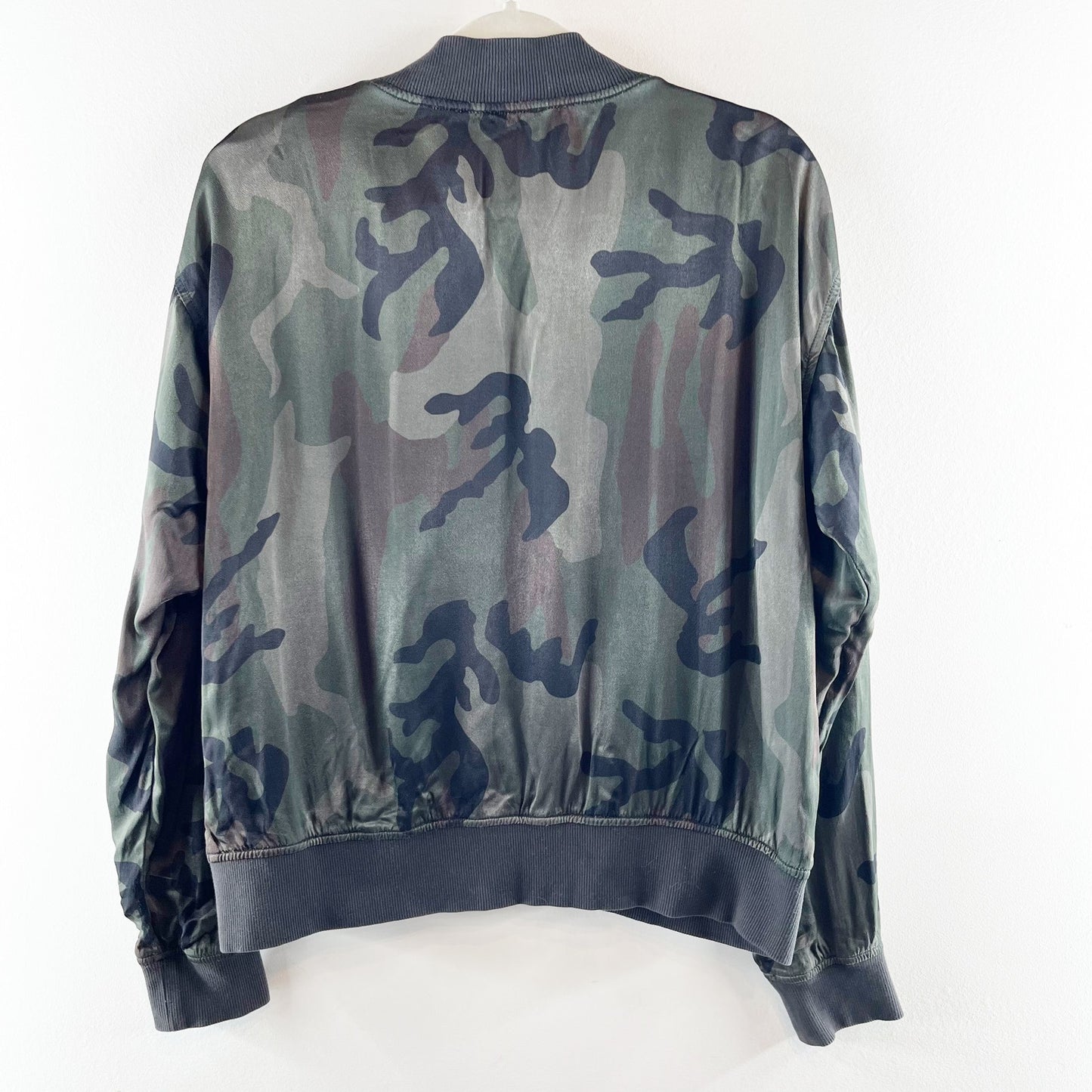 Marrakech by Anthropologie Satin Camo Print Full Zip Bomber Jacket Green Small