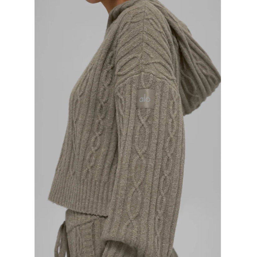 Alo Cable Knit Winter Bliss Hoodie Pullover Sweater Light Cocoa Tan Beige XS