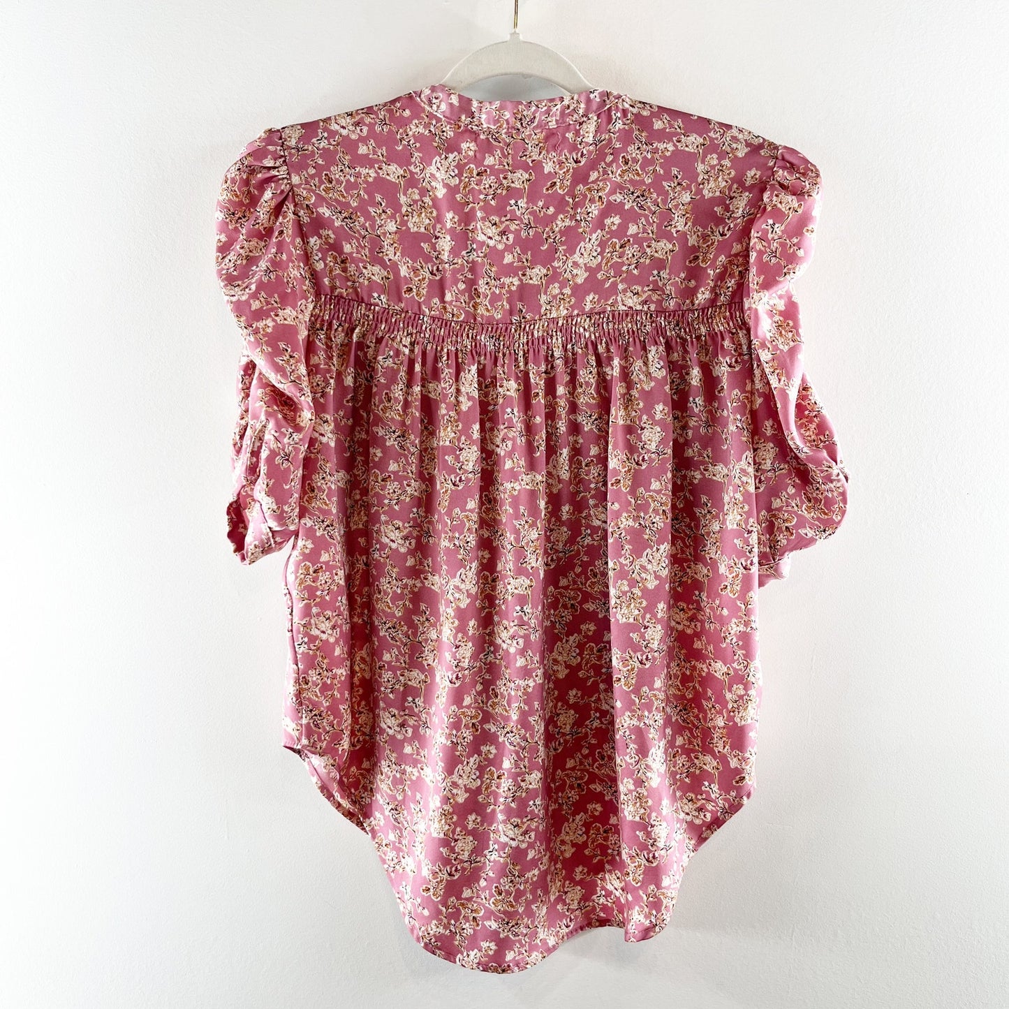 Bishop + Young Floral Puff Short Sleeve Blouse Shirt Pink Small