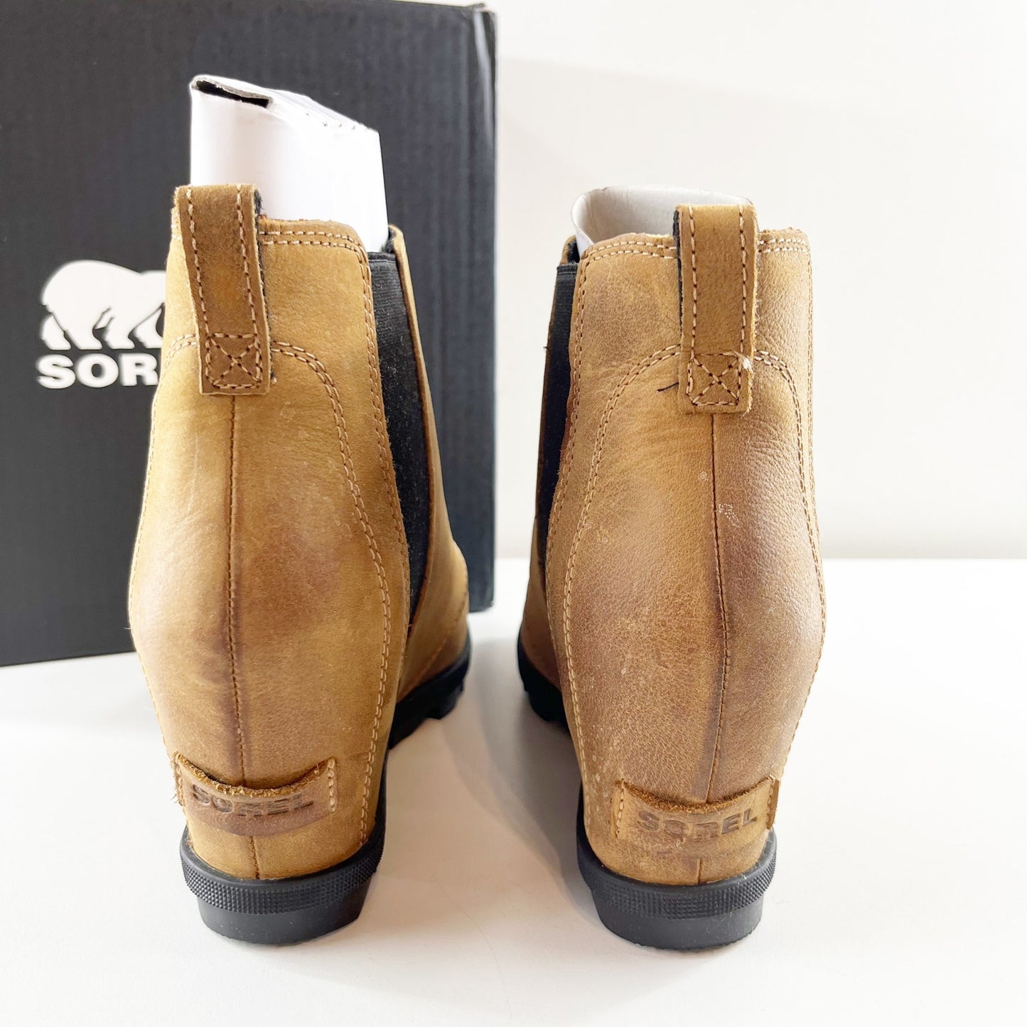 Sorel Joan of Arctic Wedge Leather Ankle Boots Booties Tan Brown 9