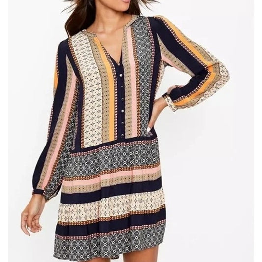 LOFT Foulard Long Sleeve Striped Tunic Mini Boho Dress Blue Orange Small