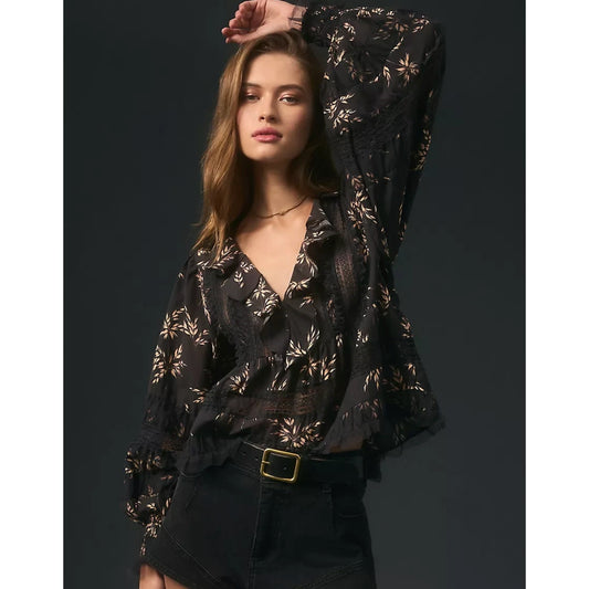 Anthropologie Long Sleeve Floral Ruffle V Neck Blouse Black Medium