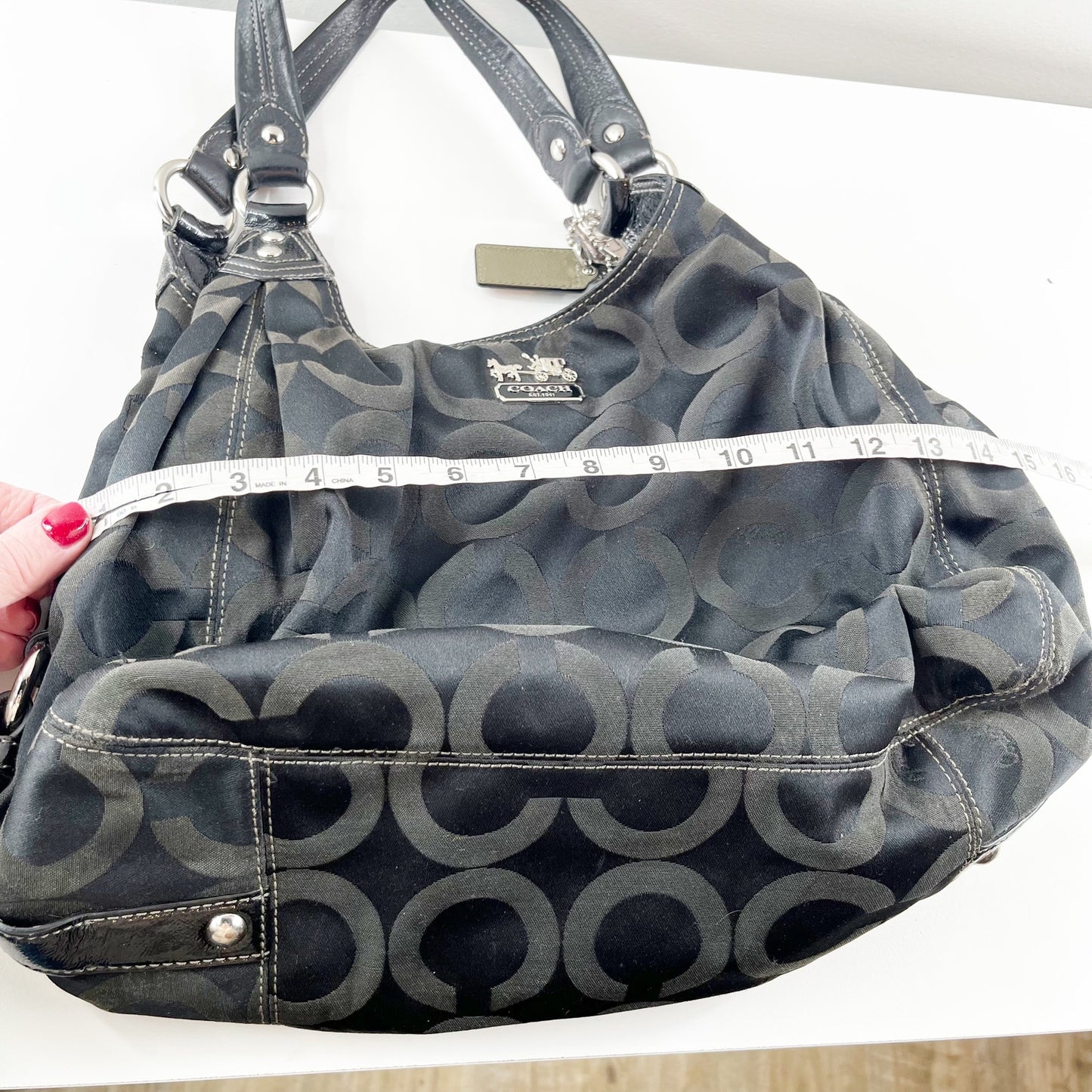 Coach Madison Op Art Maggie Signature Logo Hobo Purse Bag Black