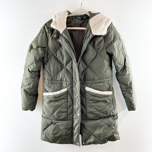 LAUREN Ralph Lauren Full Zip Quilted Puffer Hooded Parka Jacket Dark Green Small