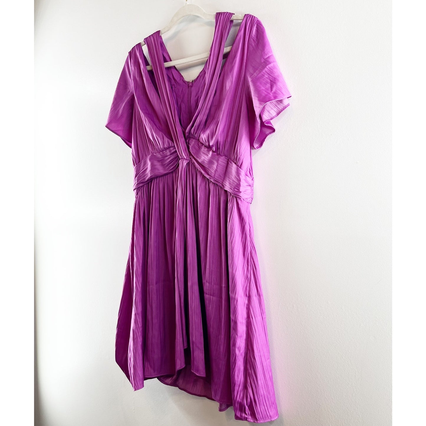 Anthropologie Short Sleeve Pleated Deep V-Neck Vibrant Mini Dress Purple 12