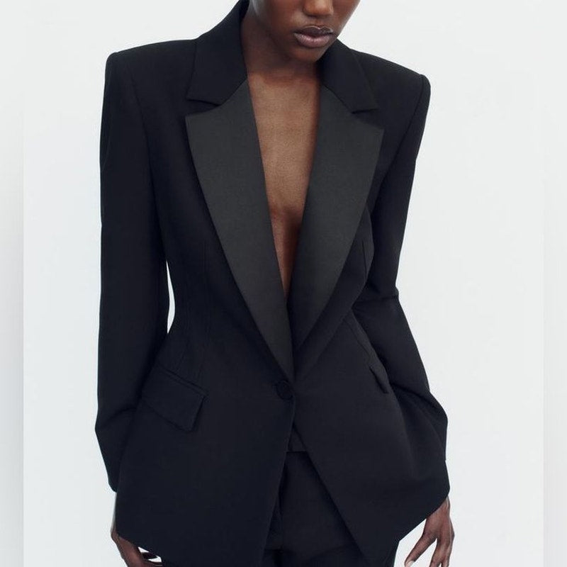 Zara Satin Lapel Long Sleeve Single Breasted Tuxedo Blazer Black Small