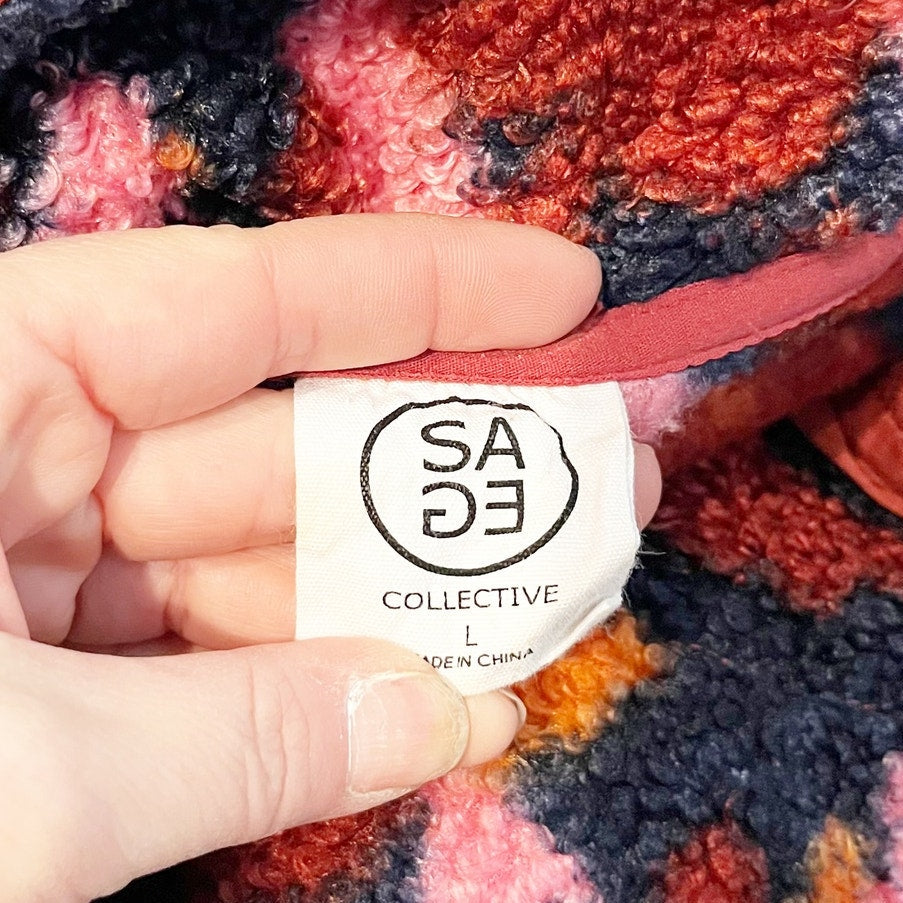 SAGE Collective Long Sleeve Fleece Sherpa Pullover 1/4 Zip Jacket Pink Red Large