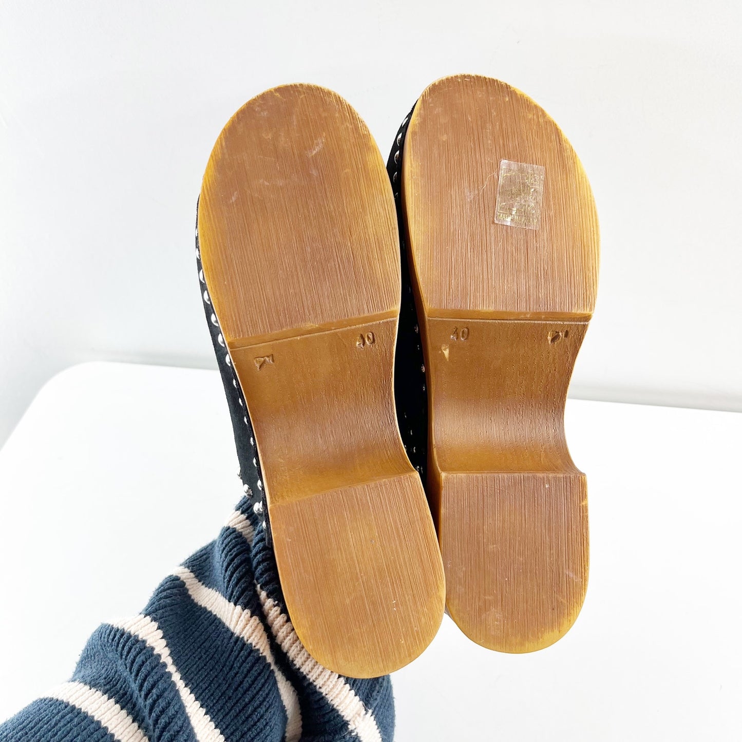 Anthropologie Studded Trim Wood Bottom Clogs Black 40 / US 9.5 / 10