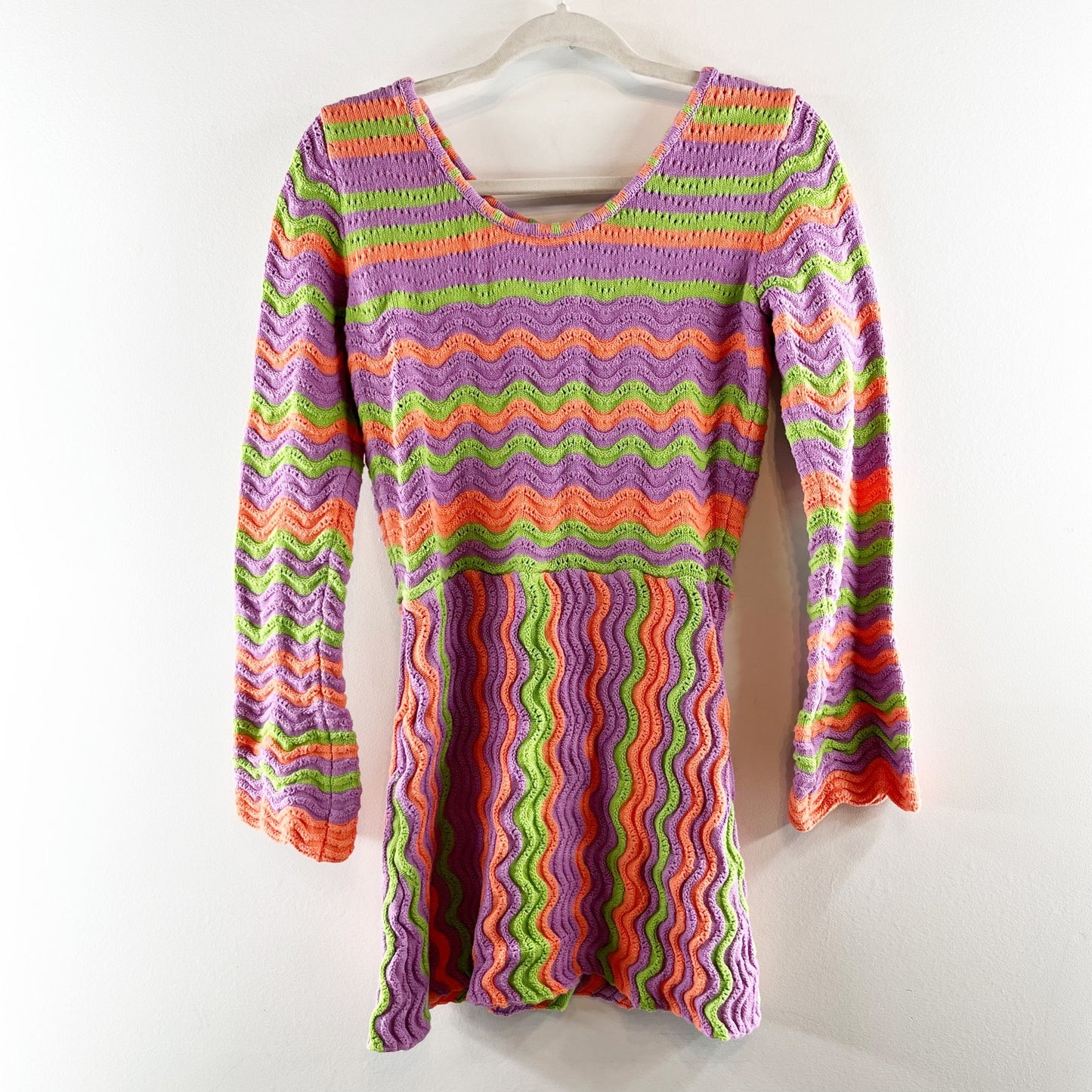 The Wolf Gang Lucid Striped Long Sleeve Mini Knit Dress Pink Green Small
