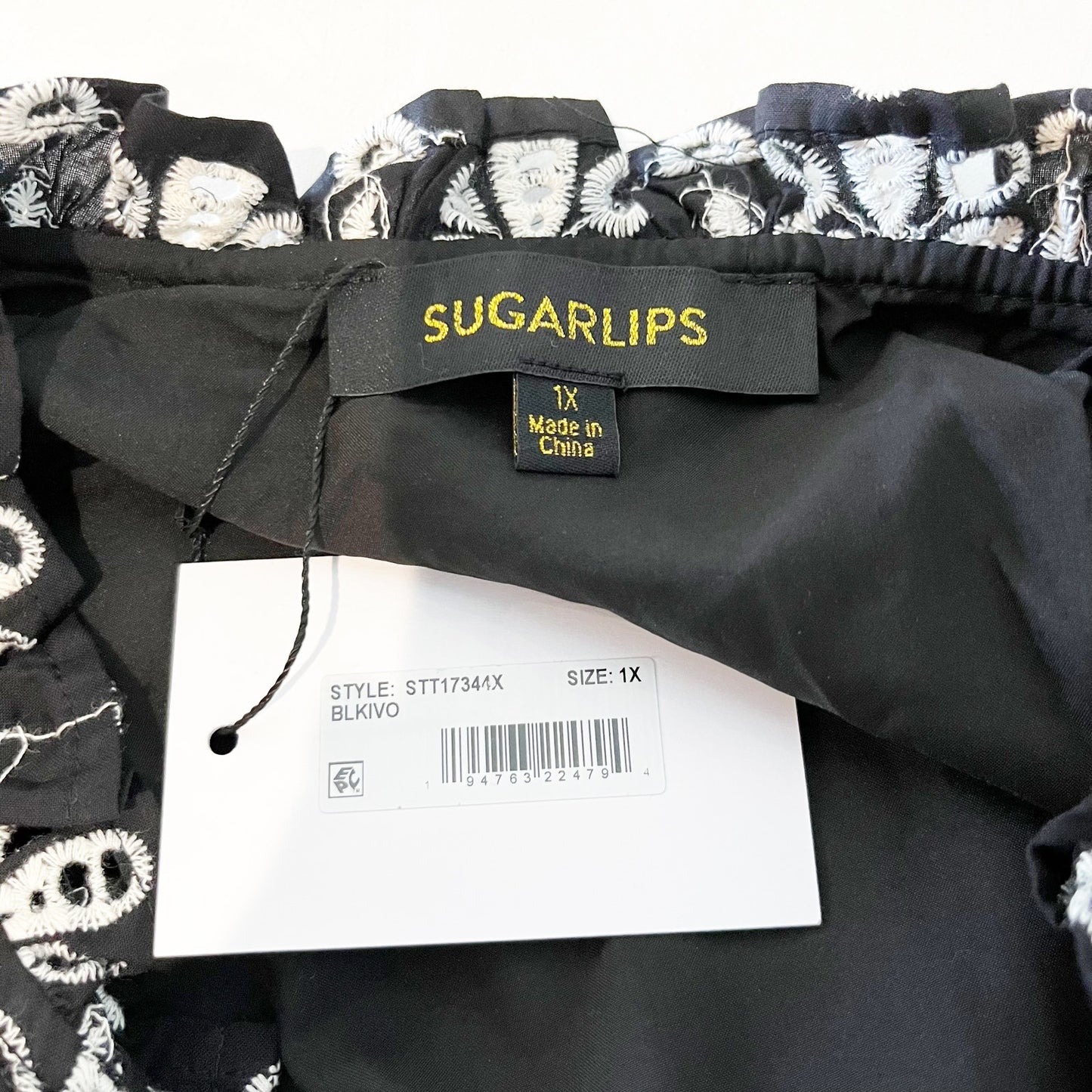 Sugarlips Embroidered Boho Long Sleeve Blouse Top Shirt Black White 1X