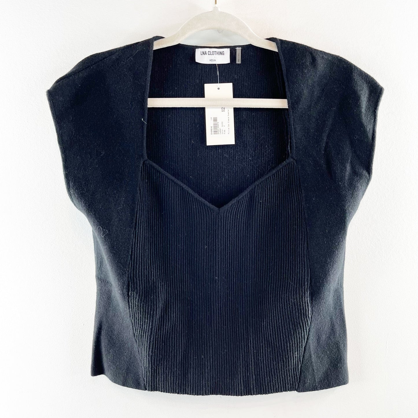 Evereve LNA Millie Cap Sleeve Sweetheart Neck Sweater Top Black Medium