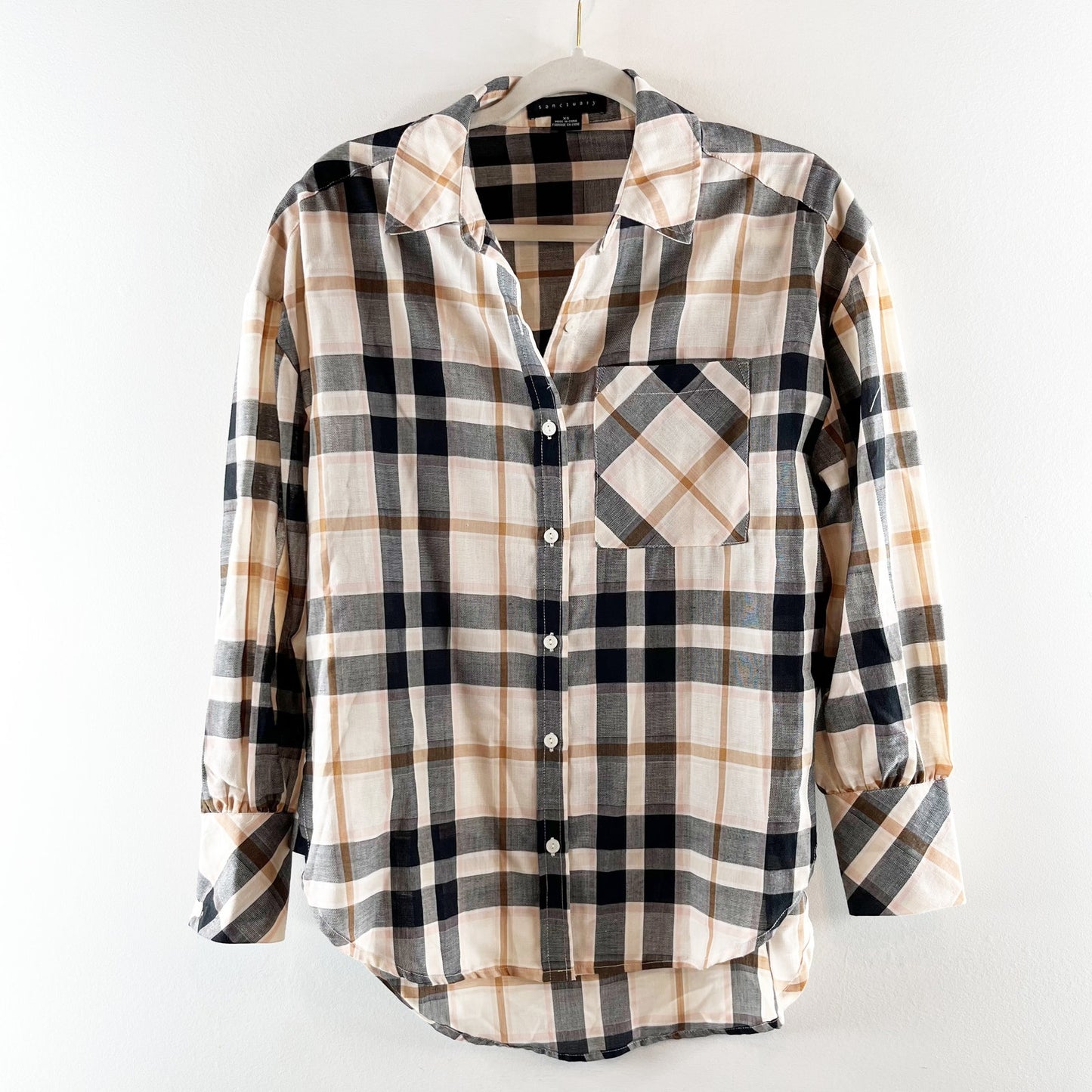 Sanctuary Long Sleeve Plaid Flannel Button Down Shirt Beige Tan Black XS