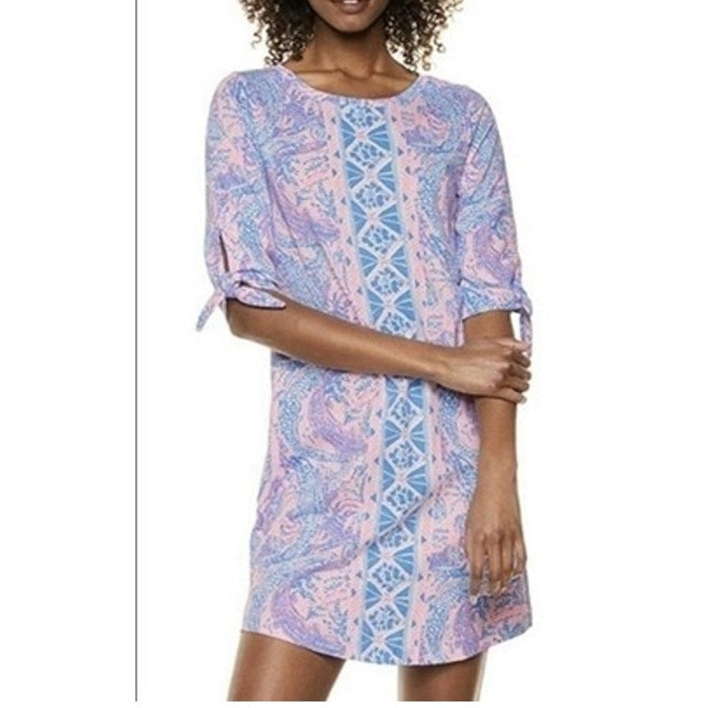 Lilly Pulitzer Preston Paisley Tie Sleeve Mini Shift Dress Pink Blue Small