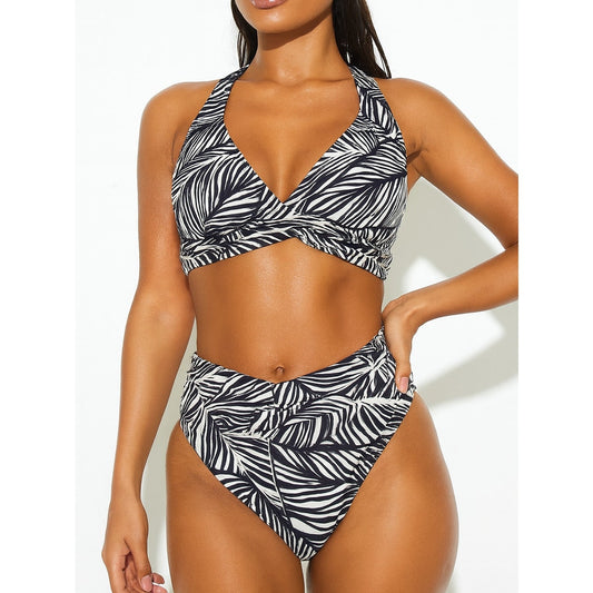 Next Leaf Print High Waisted Two Piece Bikini Swimsuit Black White Medium