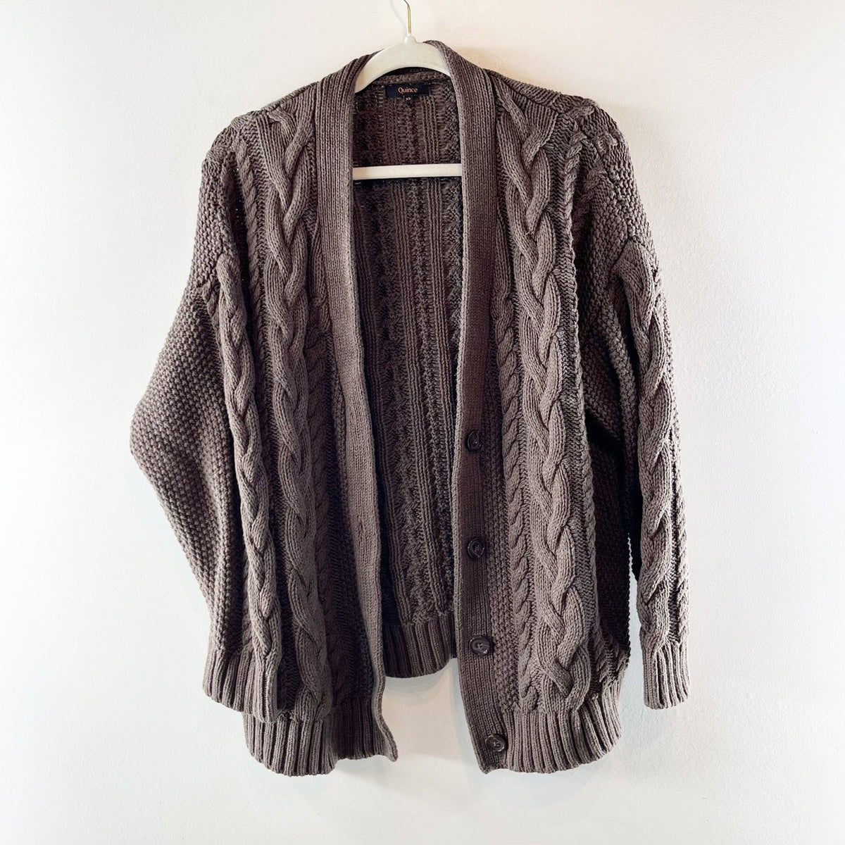 Quince Organic Cotton Oversized Cable Cardigan Sweater Heather Brown XS