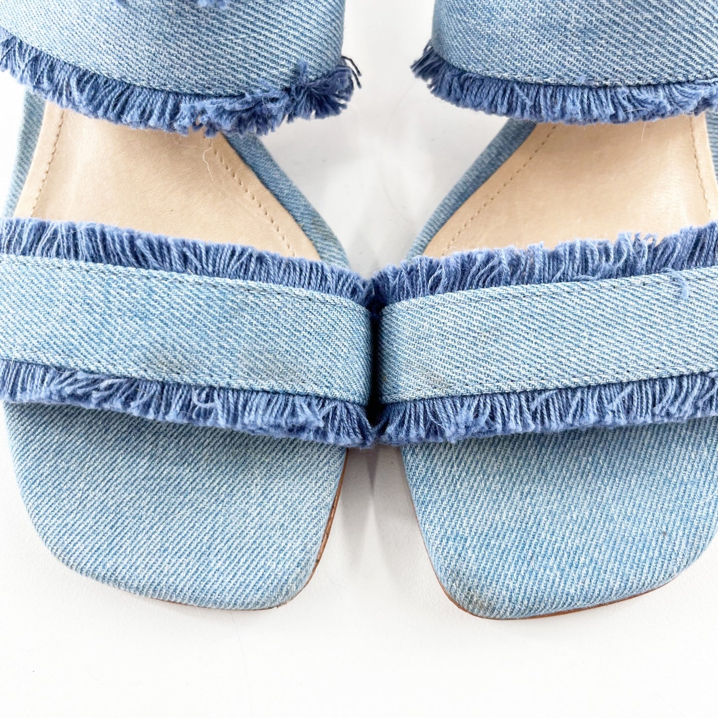 Schutz Amely Slip On Fringed Double Strap Mid Block Denim Mule Sandal Blue 8