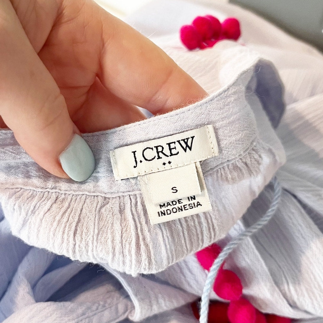 J. Crew Long Sleeve Pom Pom Tunic Cover Up Mini Dress Faded Peri Berry Blue S
