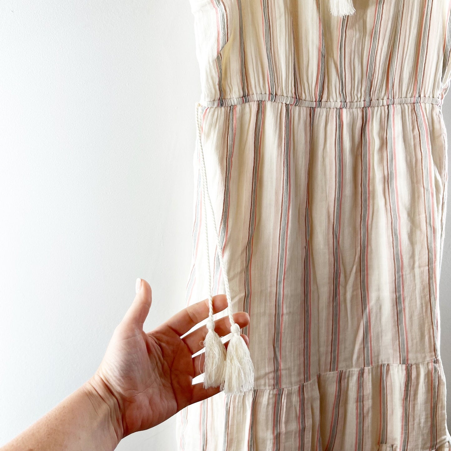 Ady P Striped Tiered Ruffle Shoulder Cotton Midi Dress Cream Tan Large