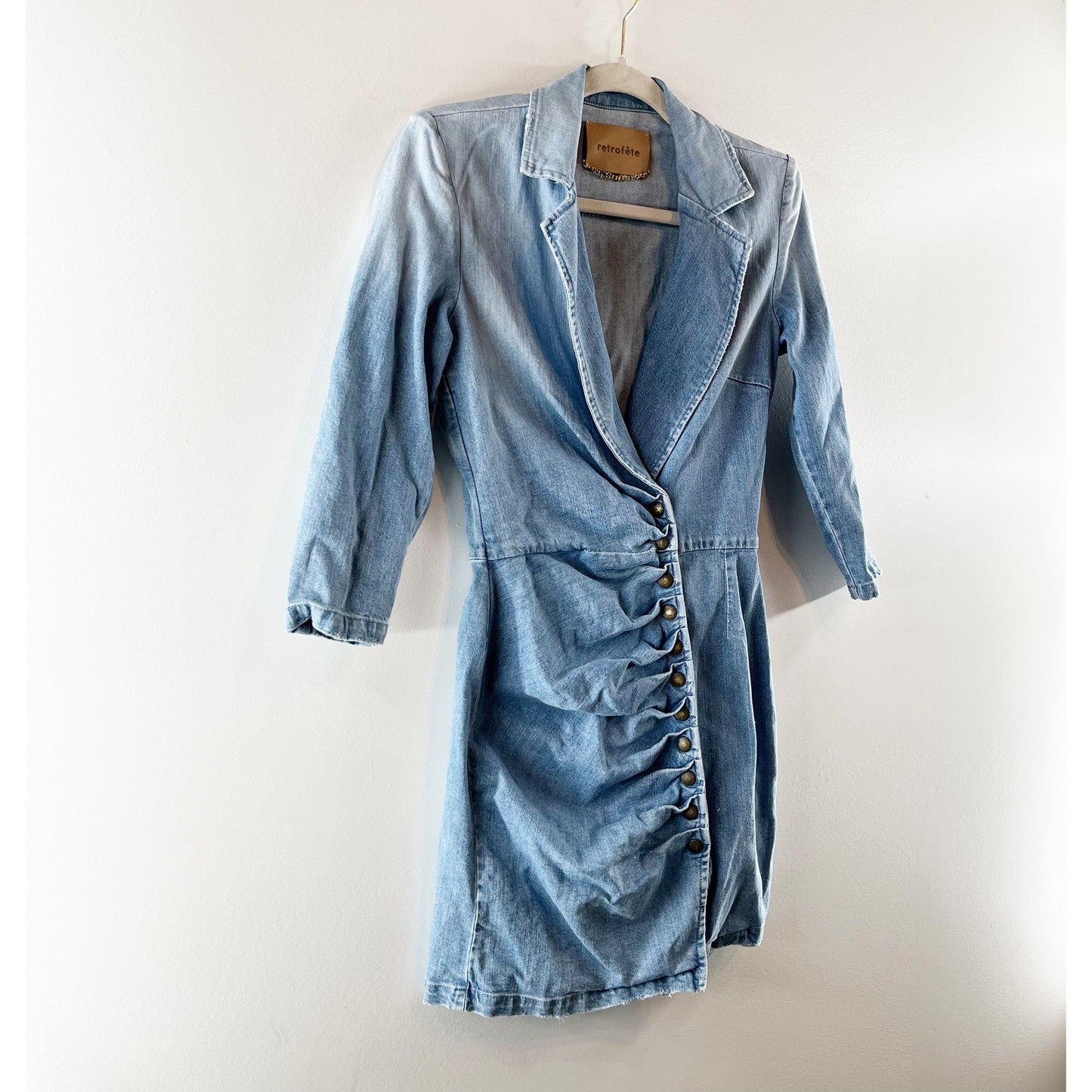 Retrofete Willa Long Sleeve Snap Button Light Wash Denim Mini Dress Blue Small