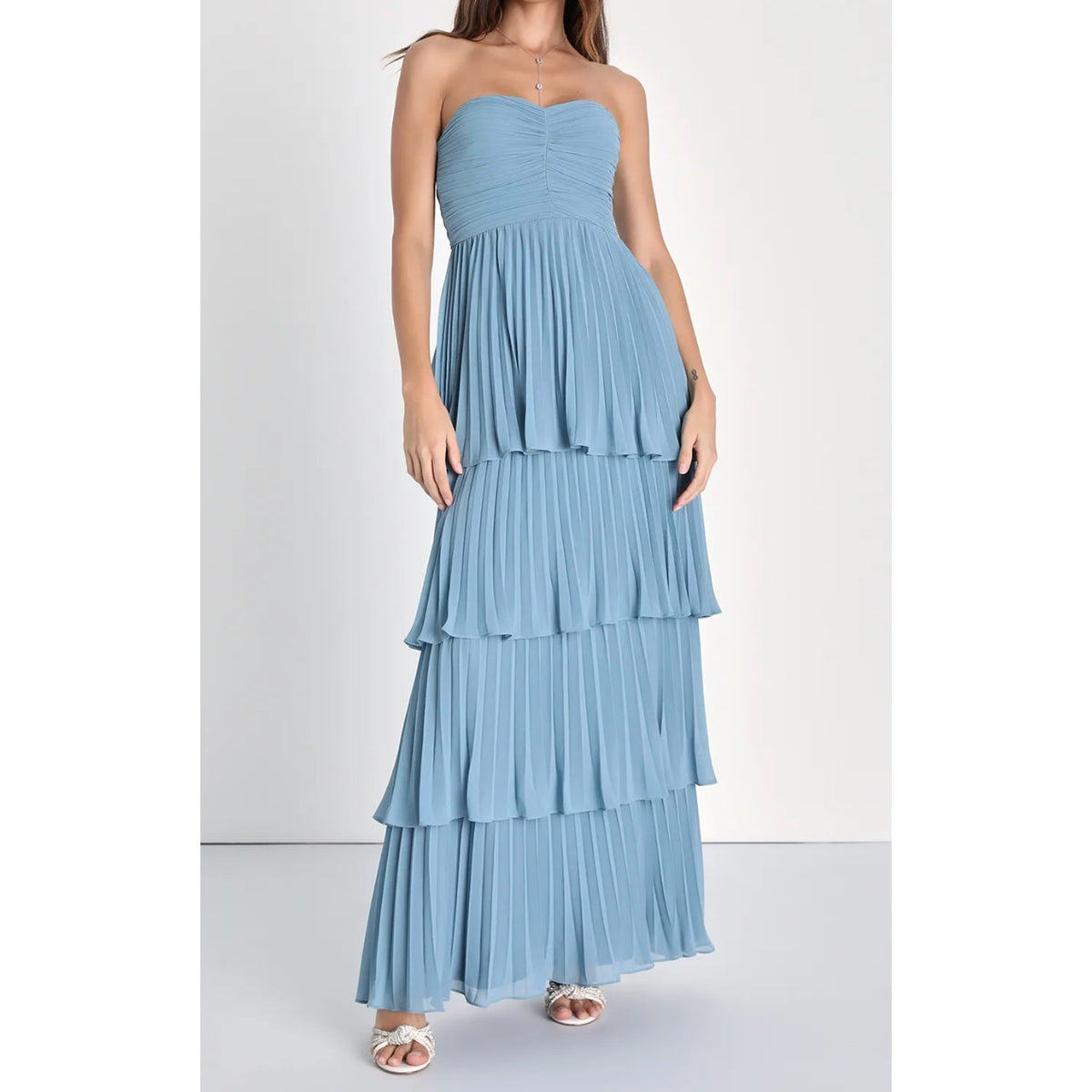 Lulus Seriously Sensational Strapless Pleated Tiered Maxi Dress Light Blue Large