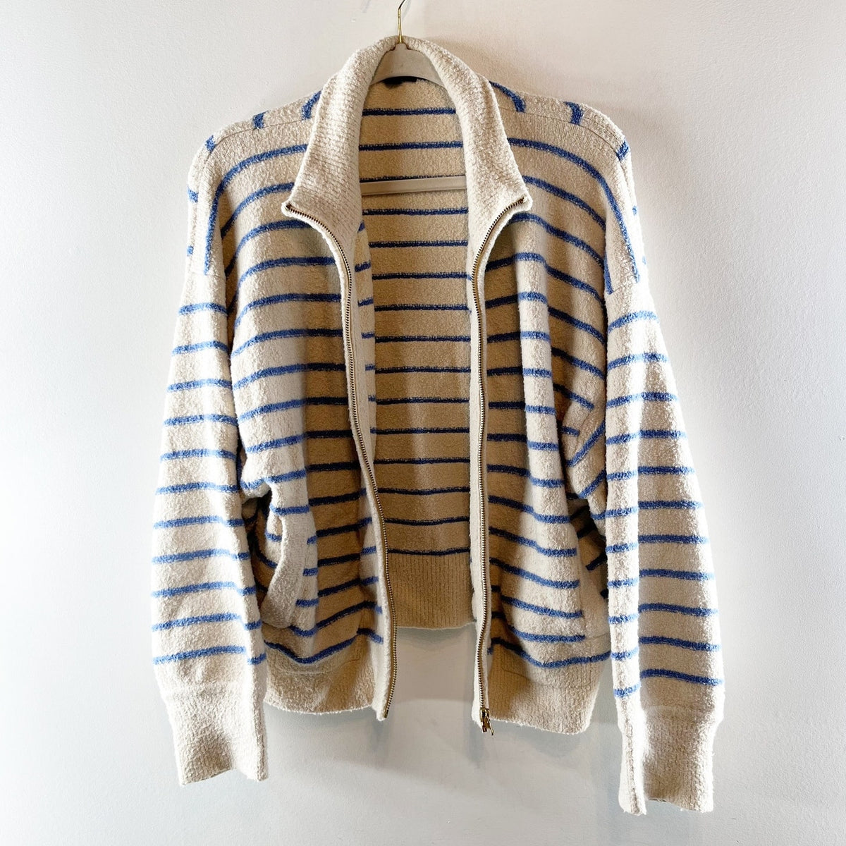J. Crew Striped Long Sleeve Zip-Up Cotton-Blend Bouclé Sweater Cream Blue 2X