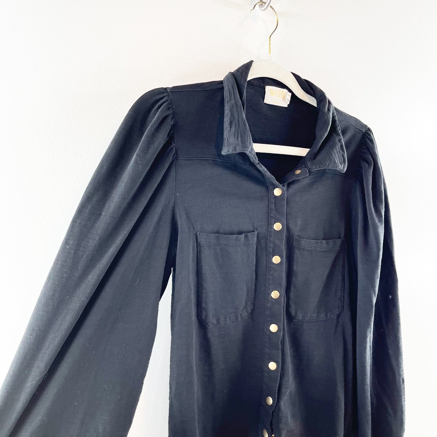 Nation LTD Desta Femme Bishop Sleeve Collared Snap Button Shirt Black Medium