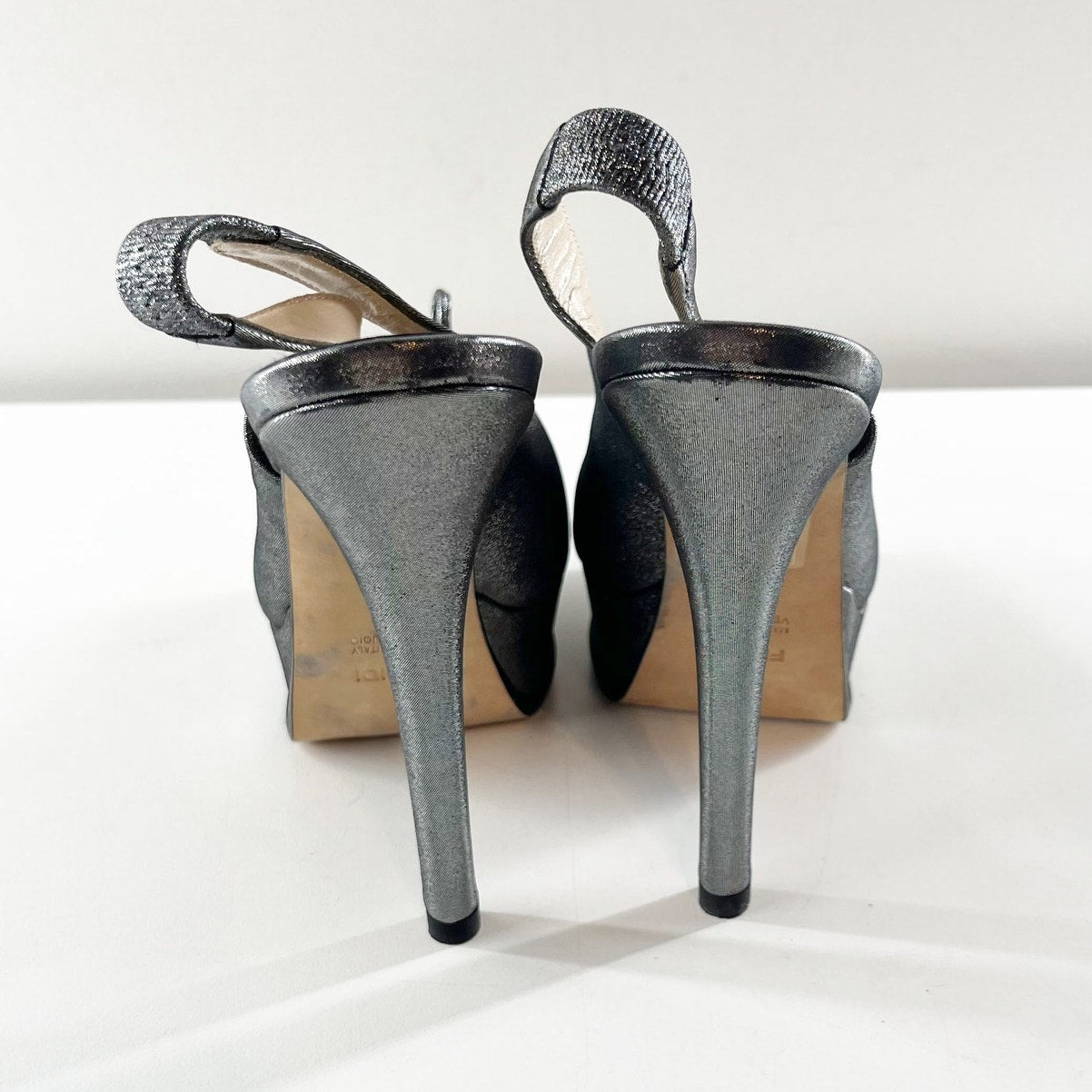 Fendi Metallic Glitter Fendista Peep Toe Stilettos Slingback Pumps Silver 38