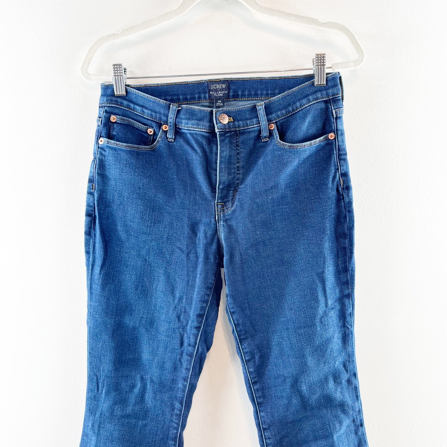J. Crew Mid Rise Full Length Flare Jeans Signature Stretch Dark Wash Blue 26