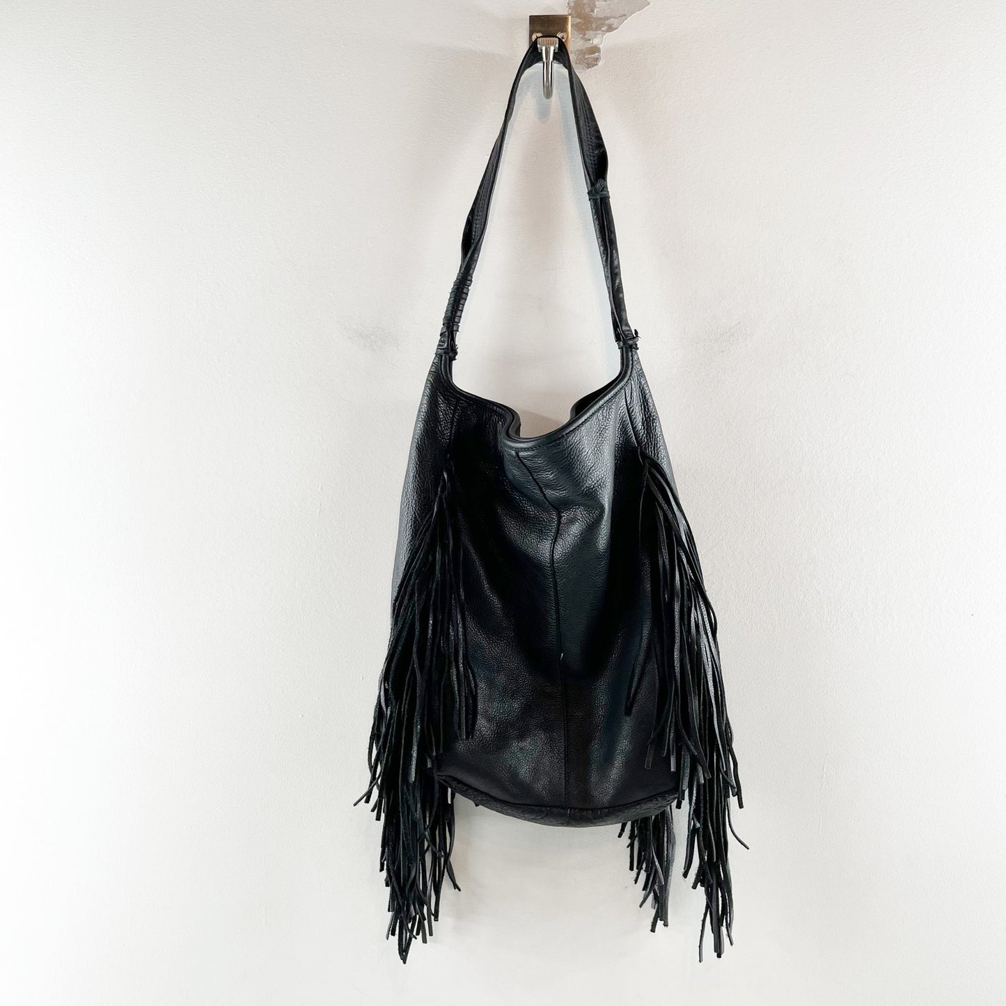 Margot Leather Fringe Hobo Shoulder Bag Purse Black