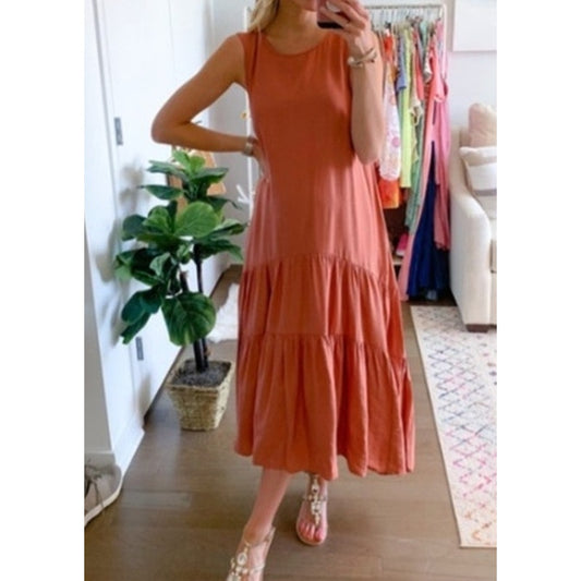 Maeve Anthropologie Marlene Drop Waist Tiered Maxi Dress Terracotta Pink Small