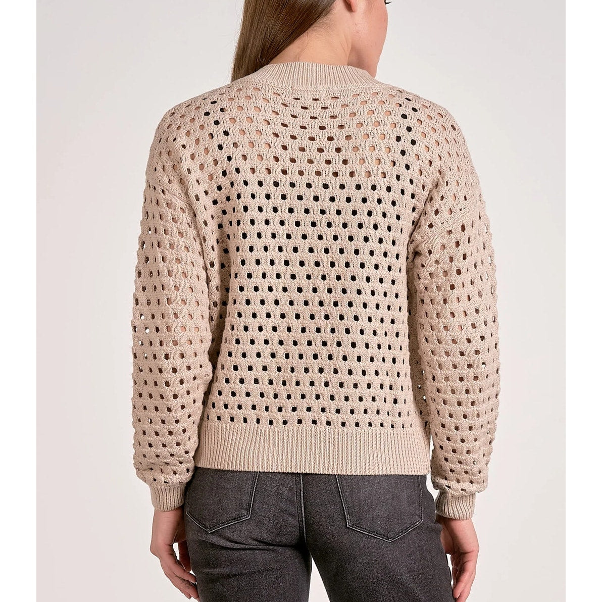Elan Aster Long Sleeve Zip Up Crochet Bomber Cardigan Sweater Stone Medium