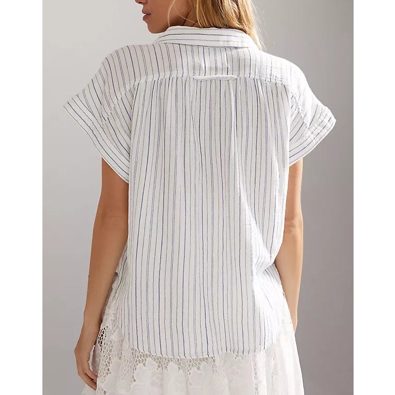 Citizens of Humanity Penny Striped Short Sleeve Blouse Top White Blue XS