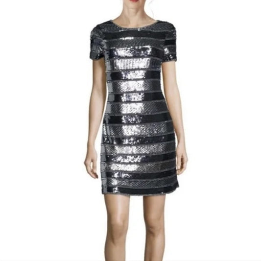 Aidan Mattox Striped Sequin Glitter Mini Cocktail Dress Blue Silver 2