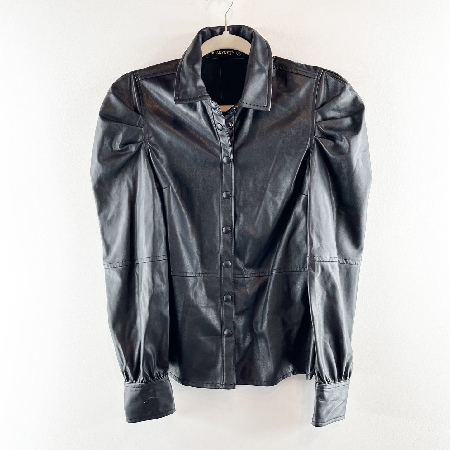 Blank NYC Puff Sleeve Faux Leather Snap Button Front Shirt Black XS