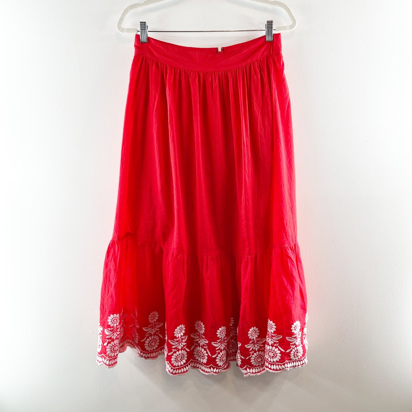 Ann Taylor Embroidered Hem Cotton Midi Peasant Skirt Red 6 Petite