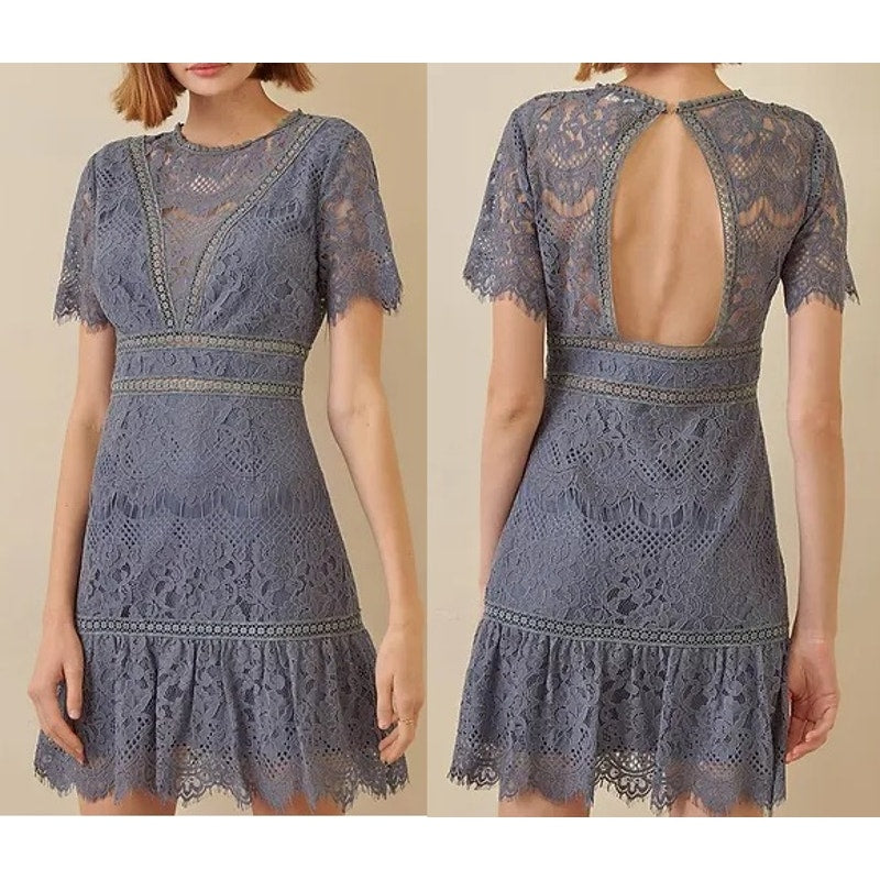 STORIA Henley Lace Short Sleeve Round Neck Keyhole Back Mini Dress Blue Medium