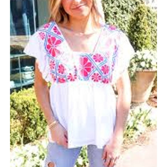 J.Marie Embroidered Floral Boho Short Flutter Sleeve Top White Medium