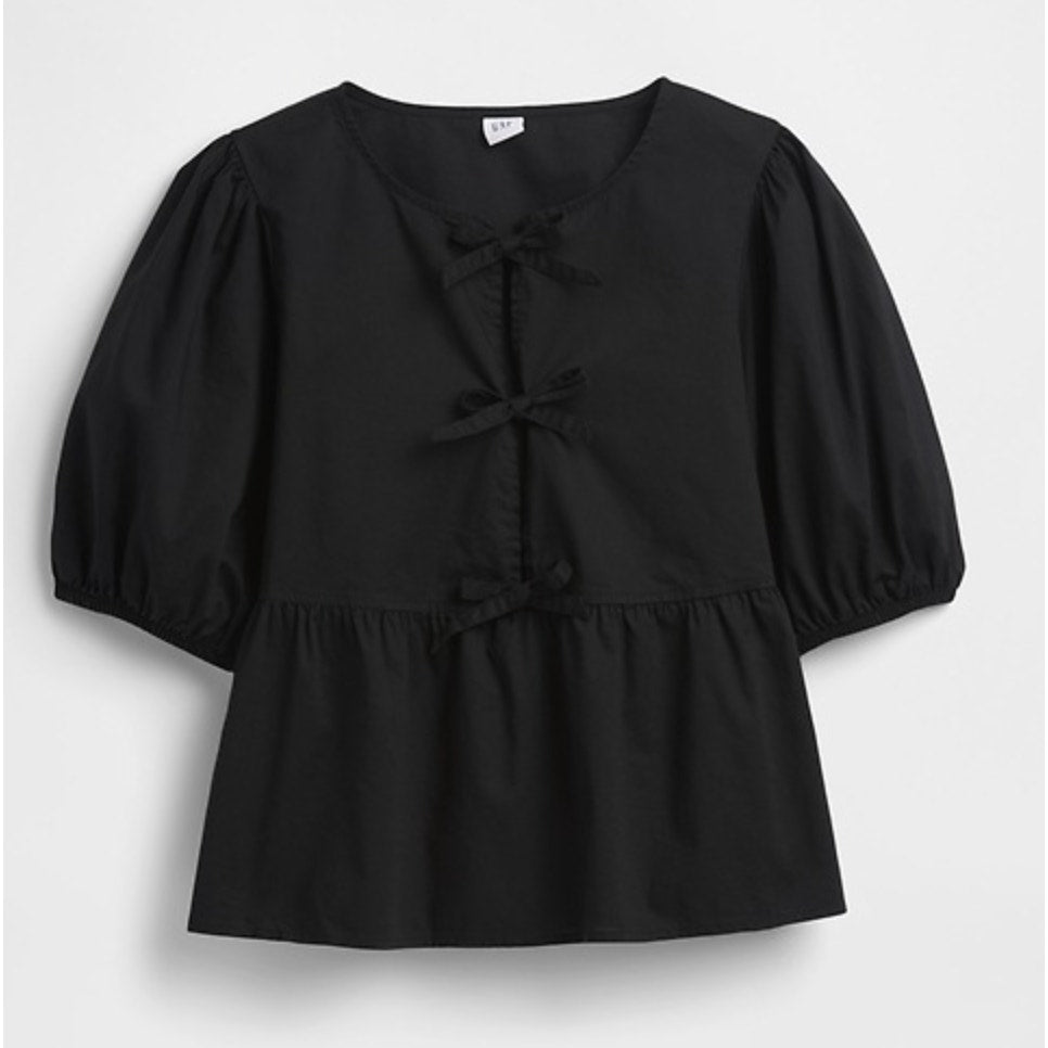 GAP Poplin Puff Sleeve Tie Front Blouse Top Black Small