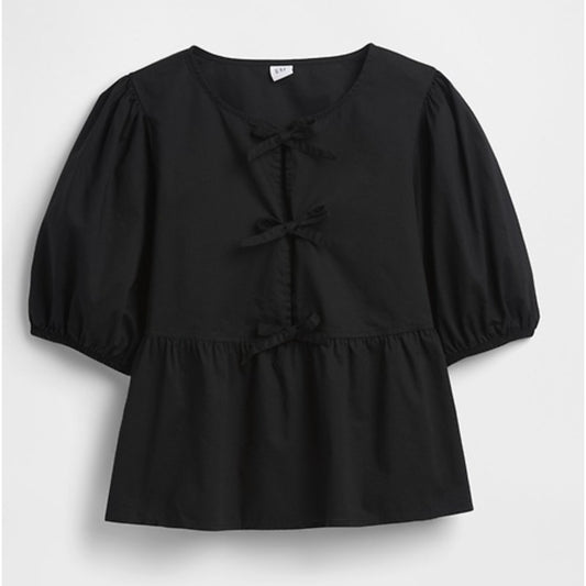 GAP Poplin Puff Sleeve Tie Front Blouse Top Black Small
