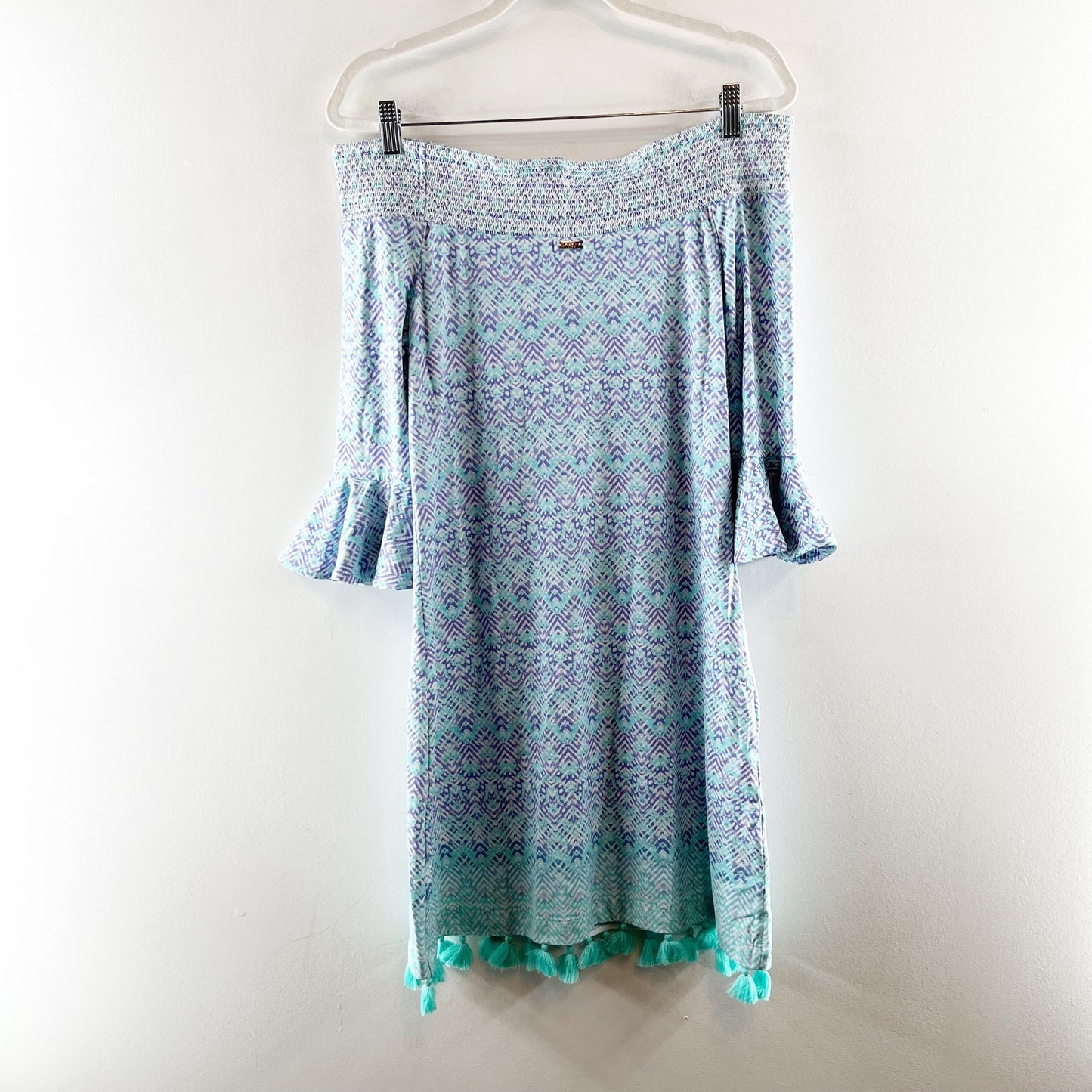 Cabana Life Geo Print 3/4 Sleeve Off Shoulder Tassel Hem Mini Dress Blue Medium