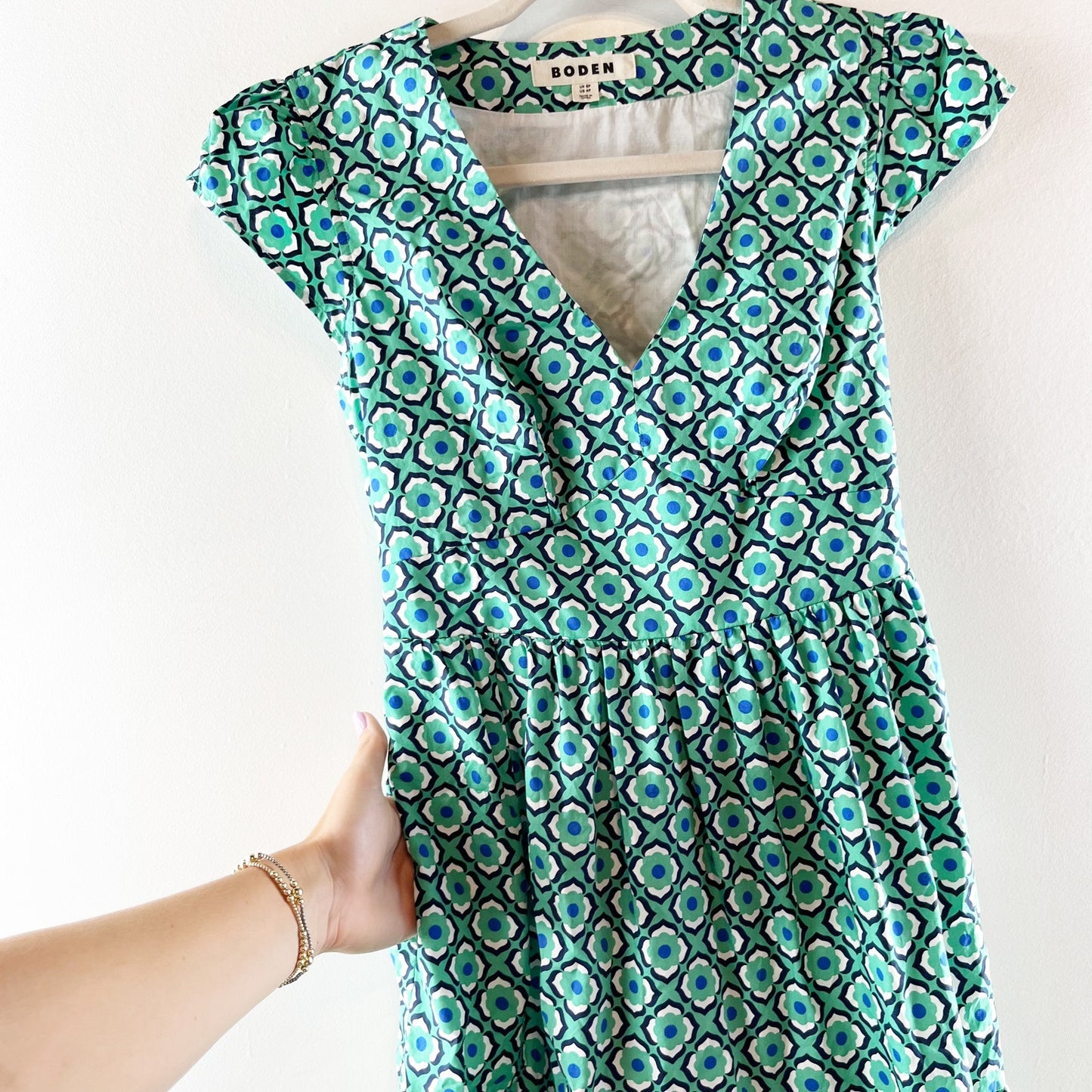 Boden May Tiered Short Ruffle Cap Sleeve Geo Print Poplin Midi Dress Green 4 P