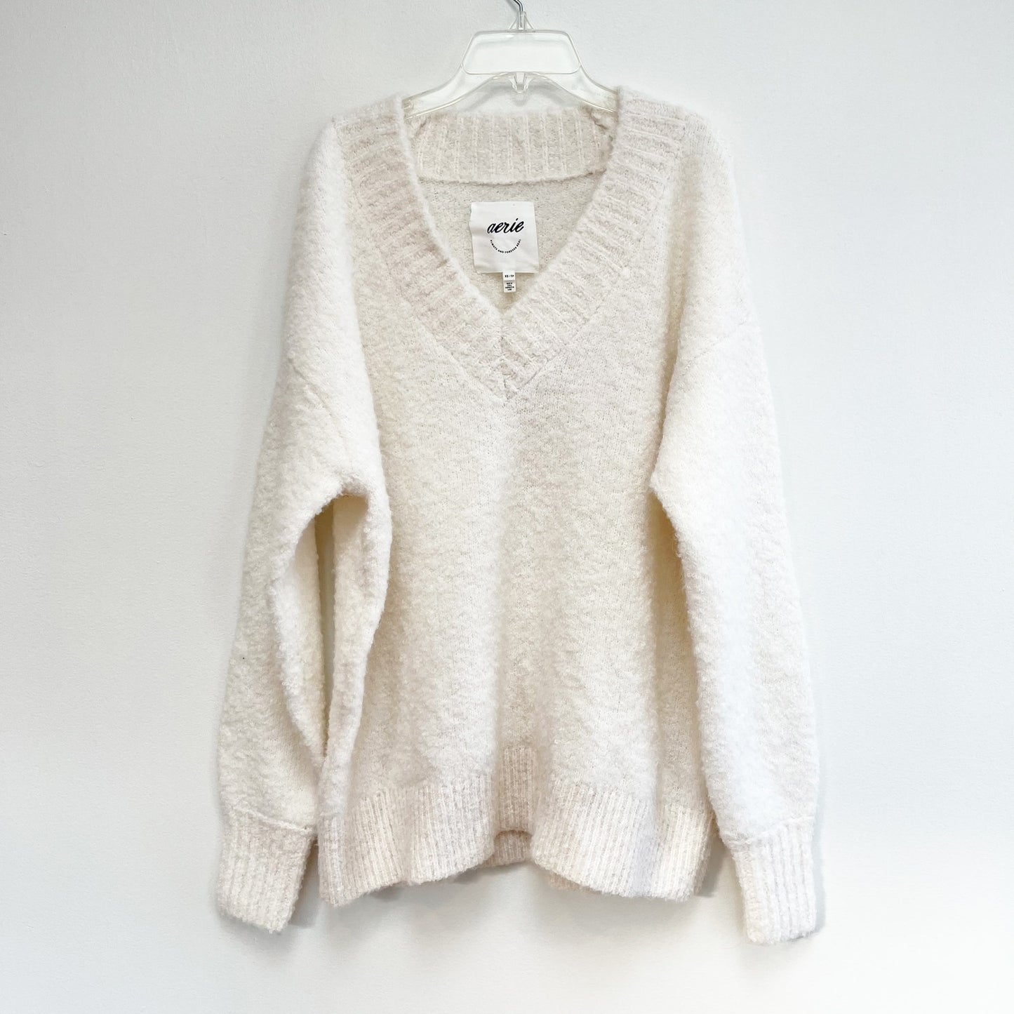 Aerie Teddy Boucle V Neck Oversized Sweater Cream Ivory White XS
