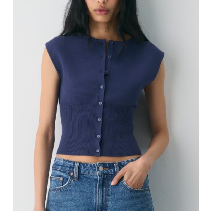 Wilfred Aritzia Golightly Sleeveless Cardigan Sweater Navy Blue XS