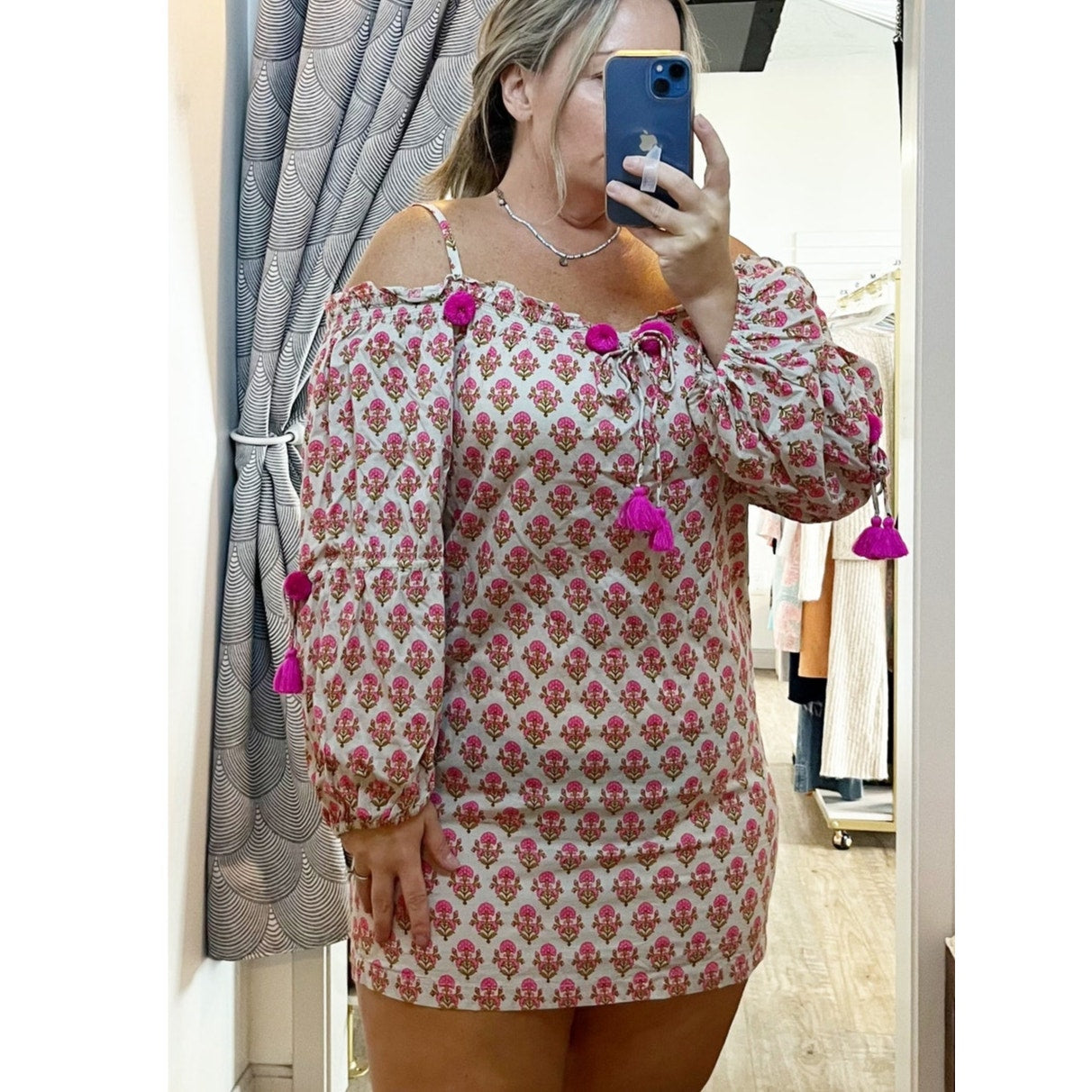 Figue Floral Print Tassel Tie Off the Shoulder Mini Dress White Pink Large