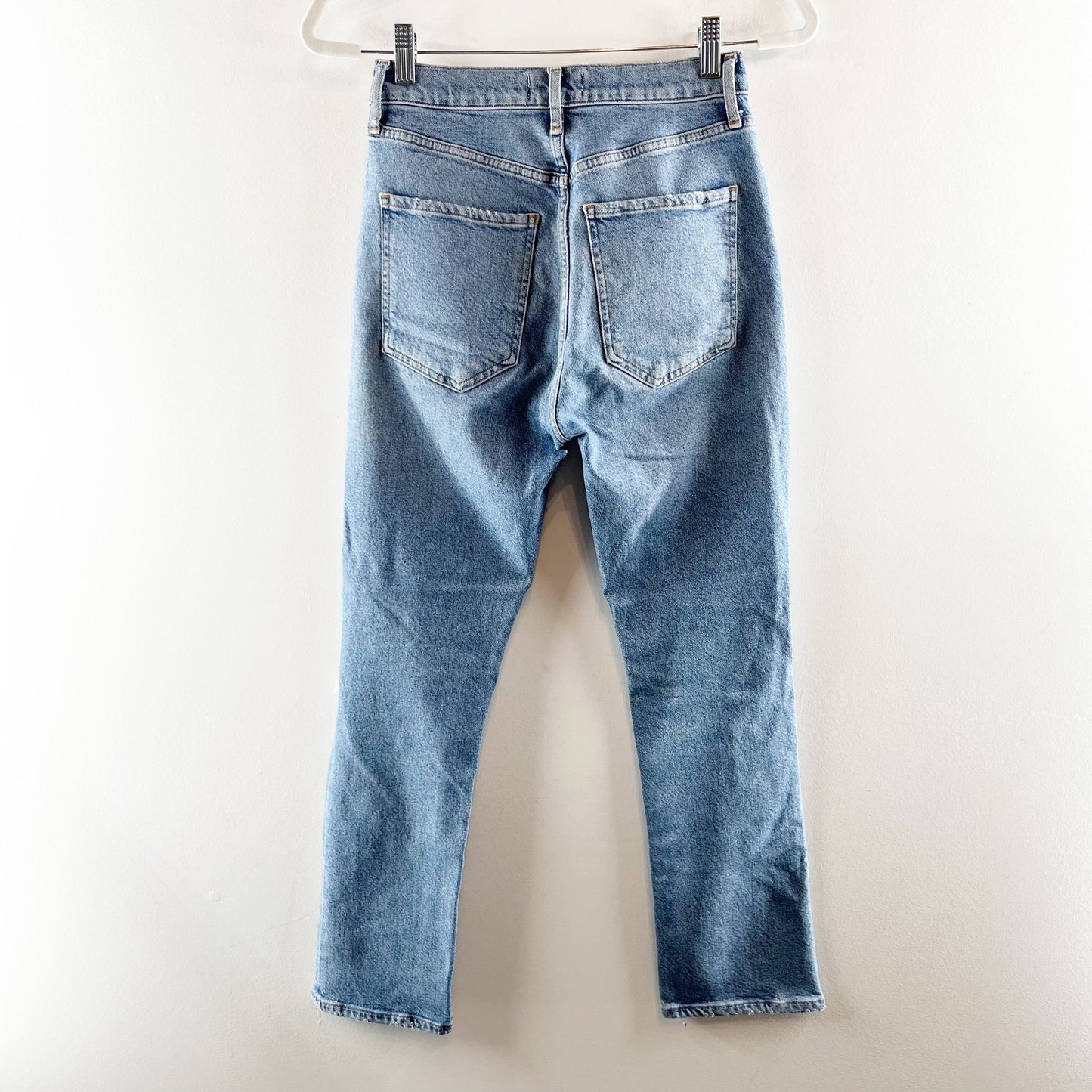 AGOLDE Riley Mid Rise Button Fly Busted Knees Straight Leg Jeans Blue 25