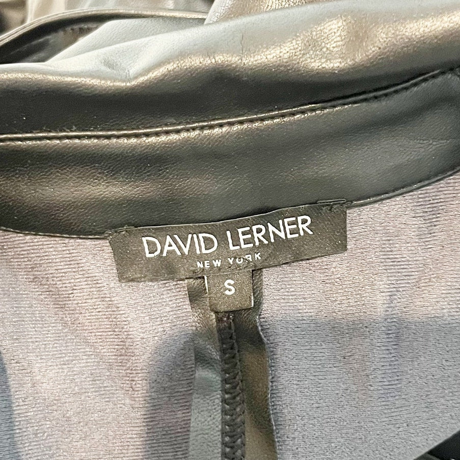 David Lerner Long Sleeve Belted Button Up Faux Leather Shirt Dress Black Small