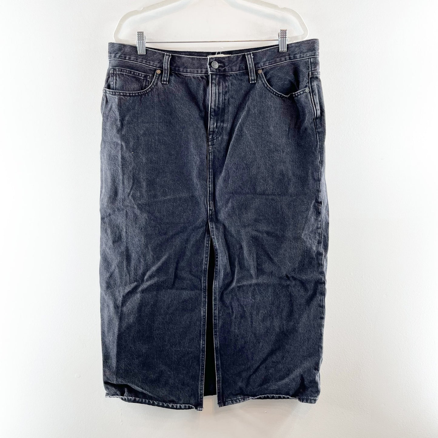 Madewell Denim Mid Rise Maxi Front Slit Jean Skirt in Lunar Wash Black 32 / 14