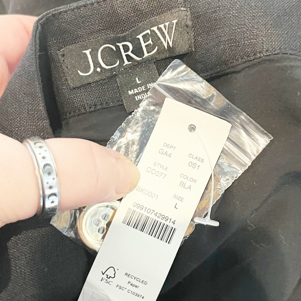 J. Crew Claudia Linen Square Neck Button Up Mini Dress Black Large